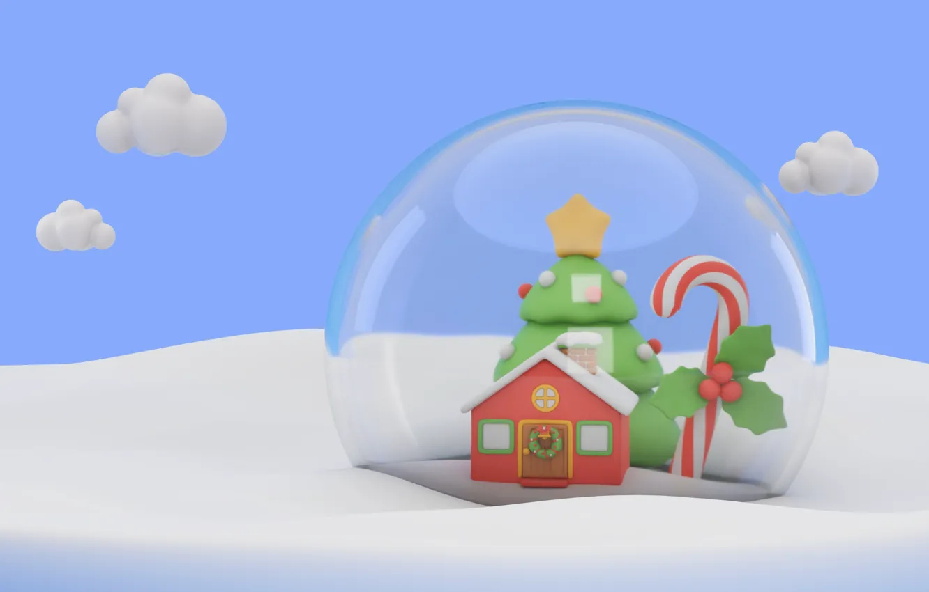 Photo wallpaper rendering, toys, Christmas, New year, house, herringbone, snow globe