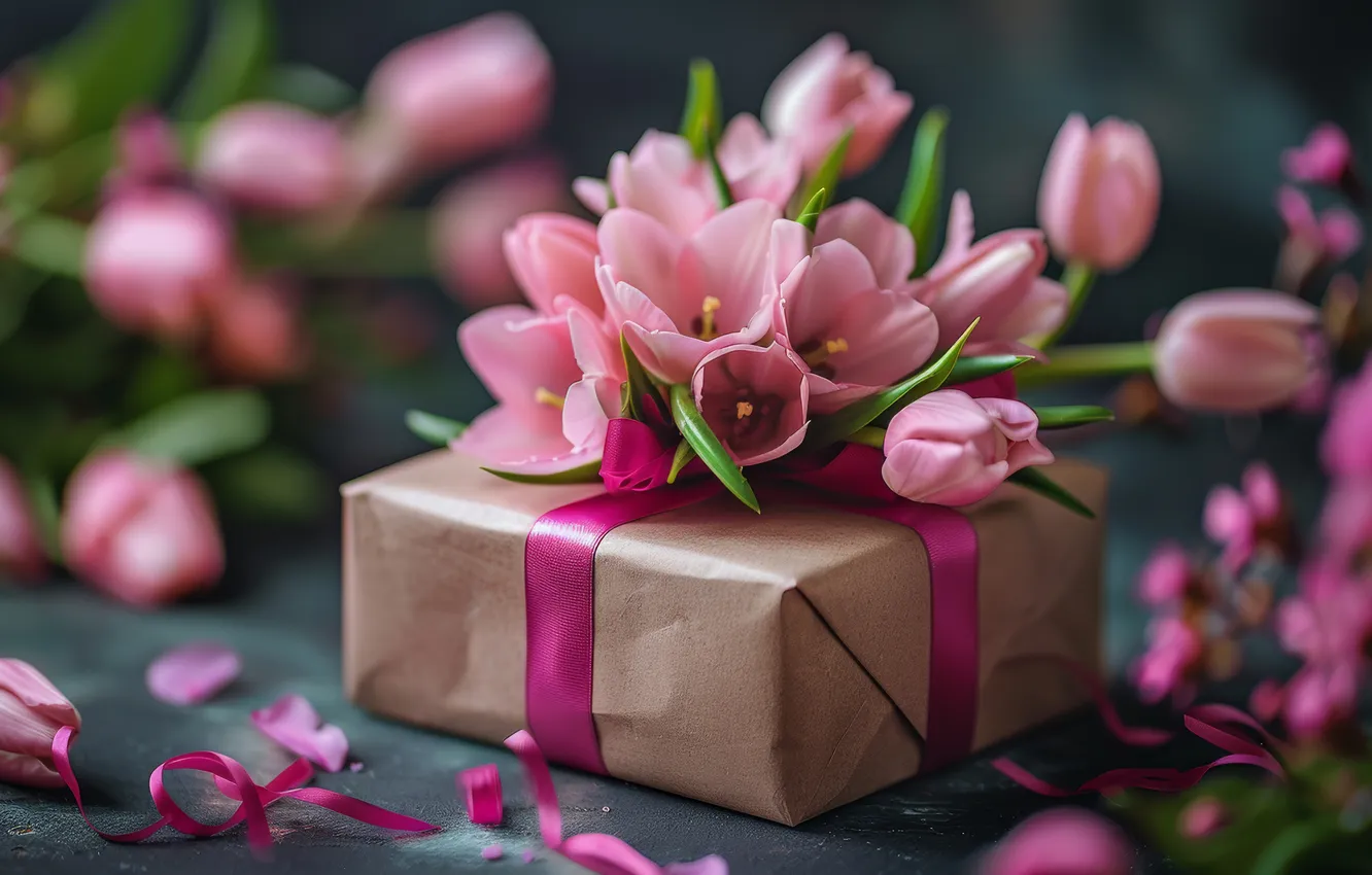 Photo wallpaper birthday, holiday, box, gift, bouquet, spring, tape, tulips
