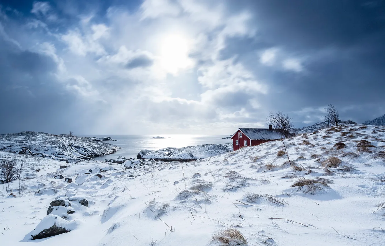 Photo wallpaper winter, snow, Norway, house, Norway, the fjord, Nordland, The Lofoten Islands