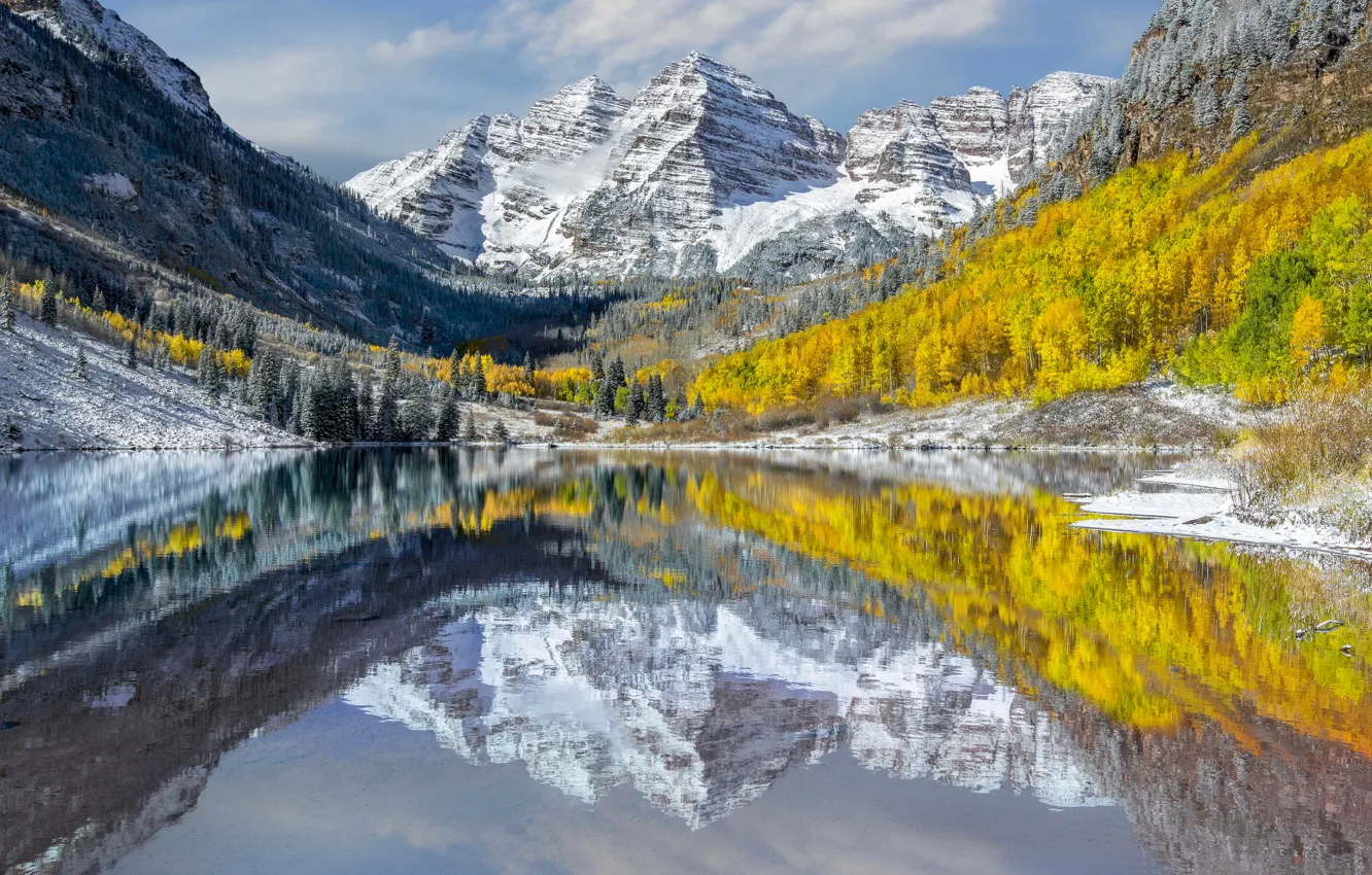 Photo wallpaper autumn, water, reflection, mountains, lake, Colorado, USA, peaks