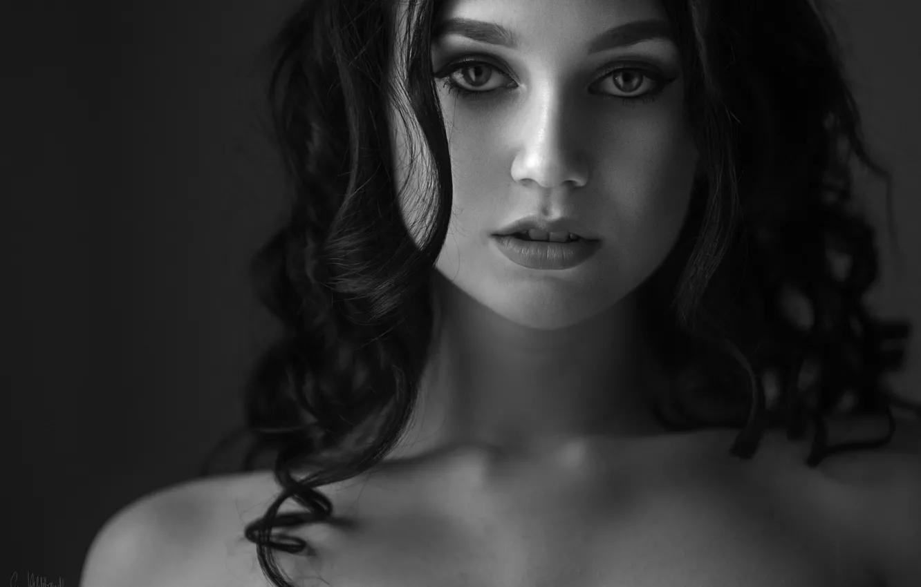 Photo wallpaper look, girl, background, model, portrait, makeup, hairstyle, black and white