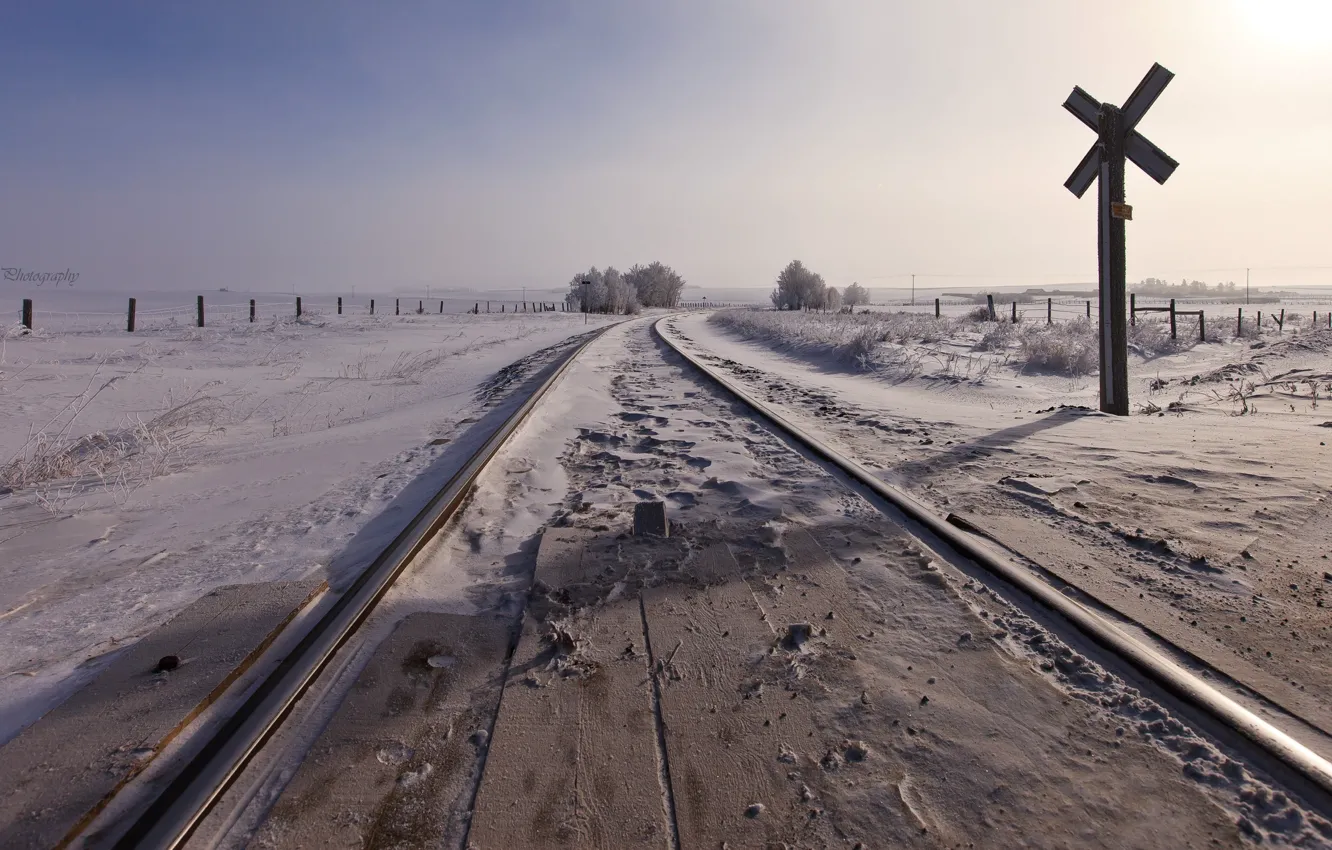 Photo wallpaper snow, landscape, railroad