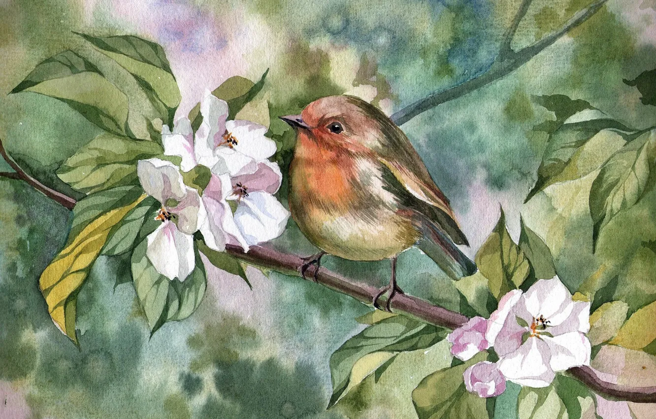 Photo wallpaper flowers, spring, art, bird