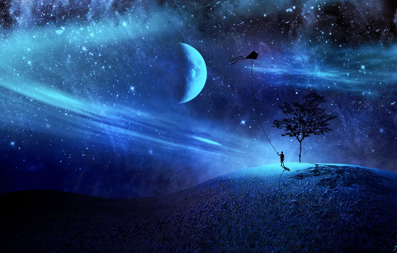 Photo wallpaper stars, the moon, kite, galaxy