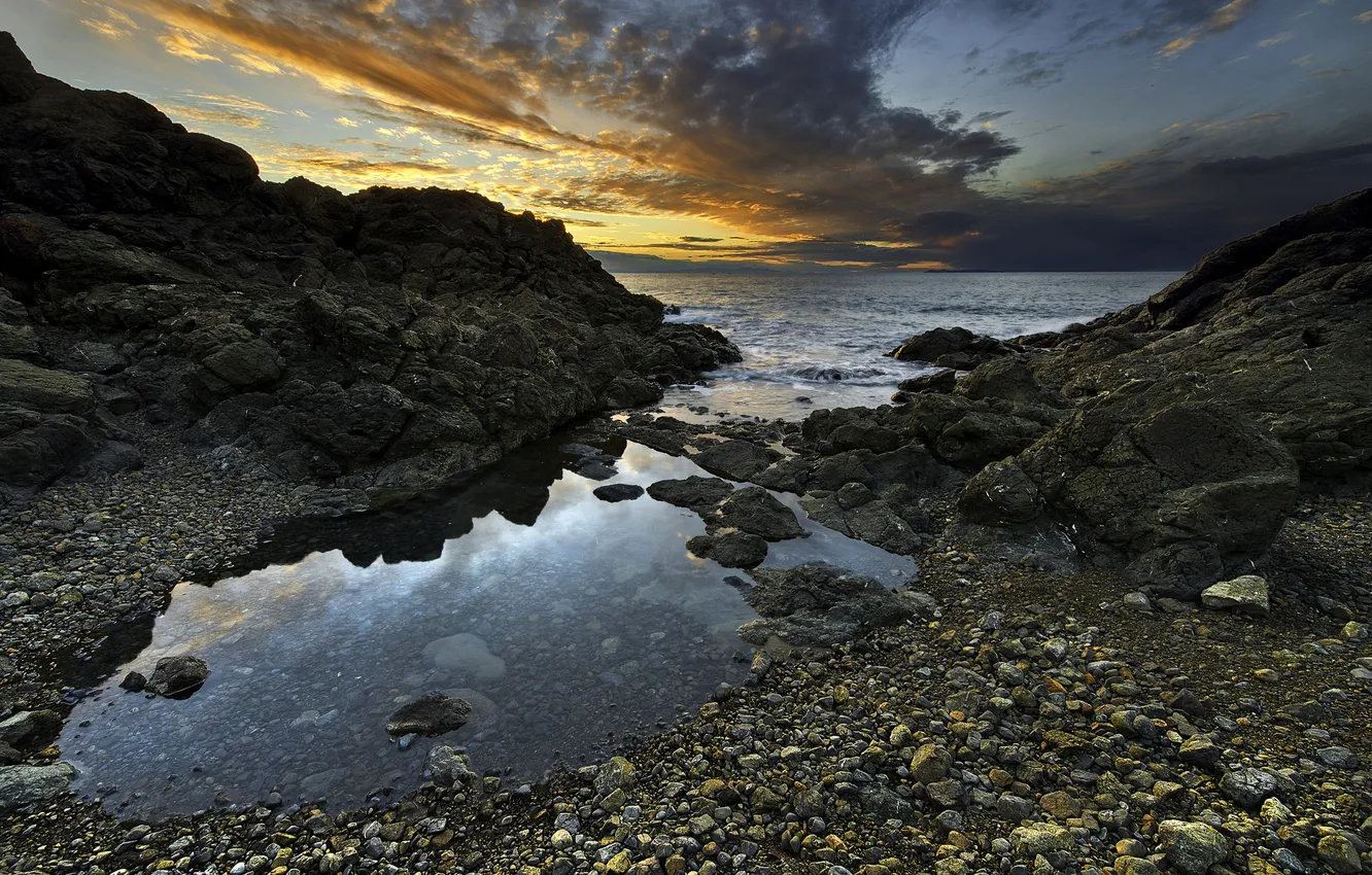 Photo wallpaper sea, stones, dawn, Bay