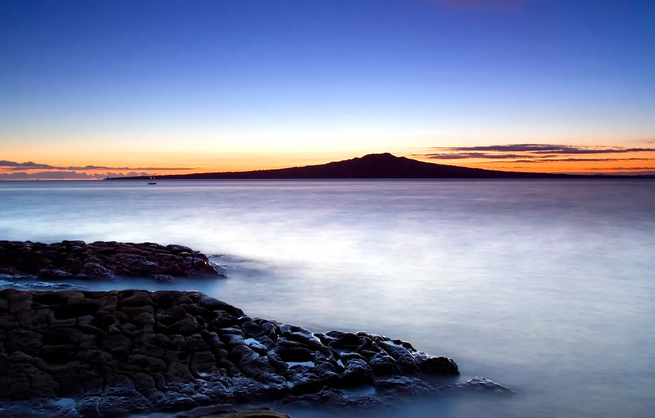 Photo wallpaper sea, the sky, sunset, mountains