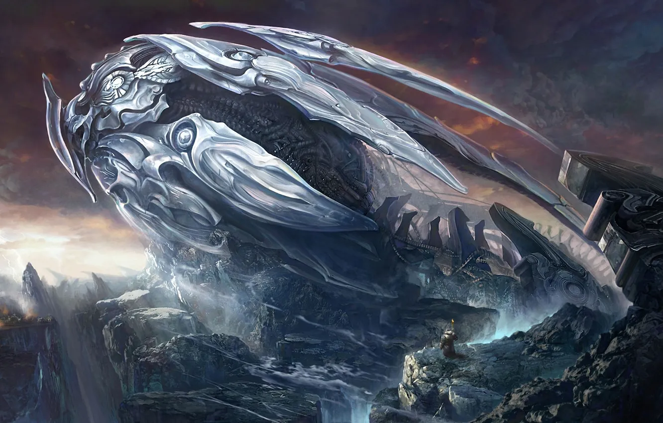 Photo wallpaper mountains, rocks, mechanism, robot, construction, MAG, staff, TERA online