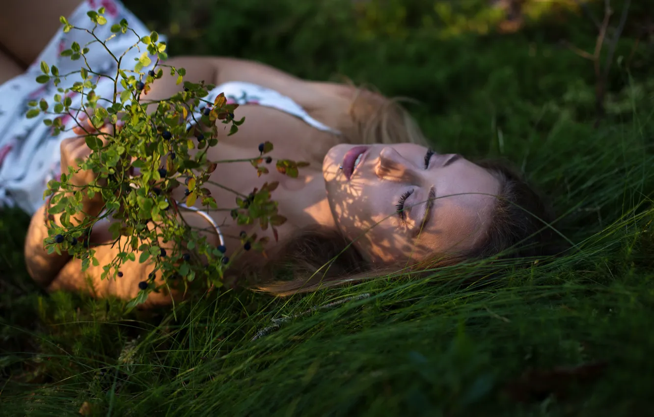 Photo wallpaper grass, girl, pose, dress, lies, Evgeny Reshetov, Daria Zubkova