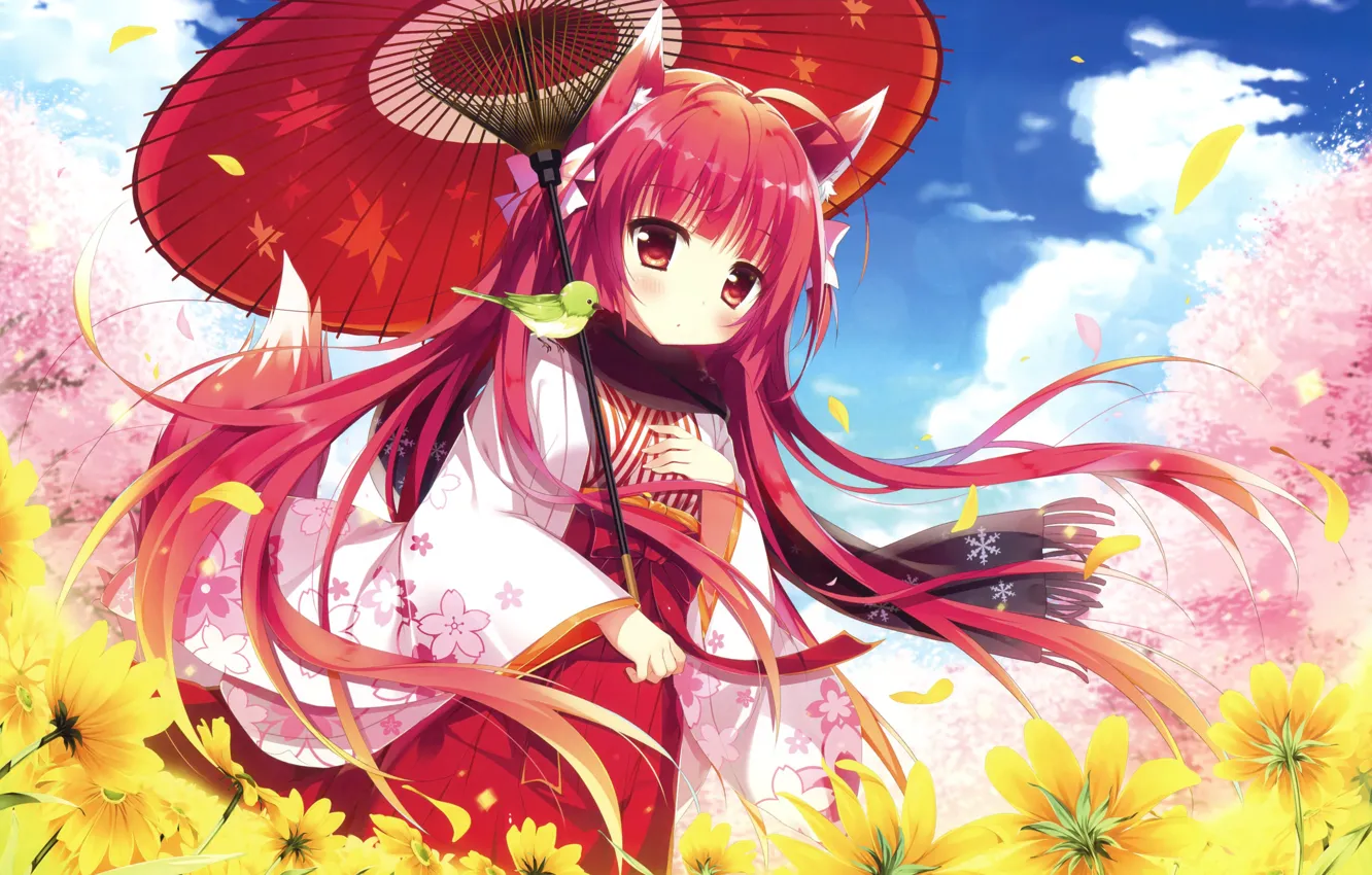 Photo wallpaper bird, girl, bird, red hair