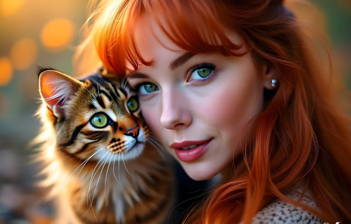 Photo wallpaper girl, cat, red hair