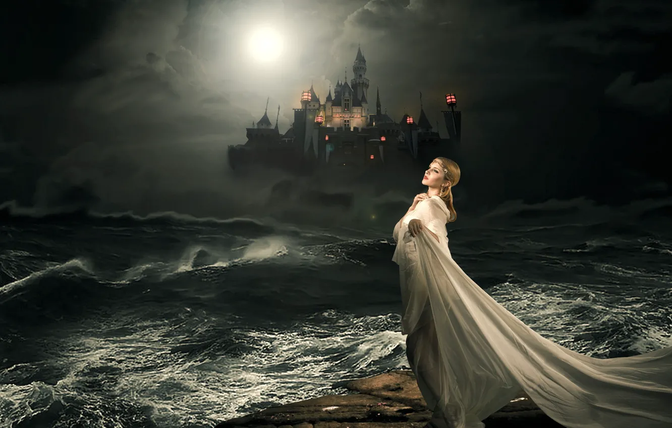 Photo wallpaper sea, girl, night, castle, tale