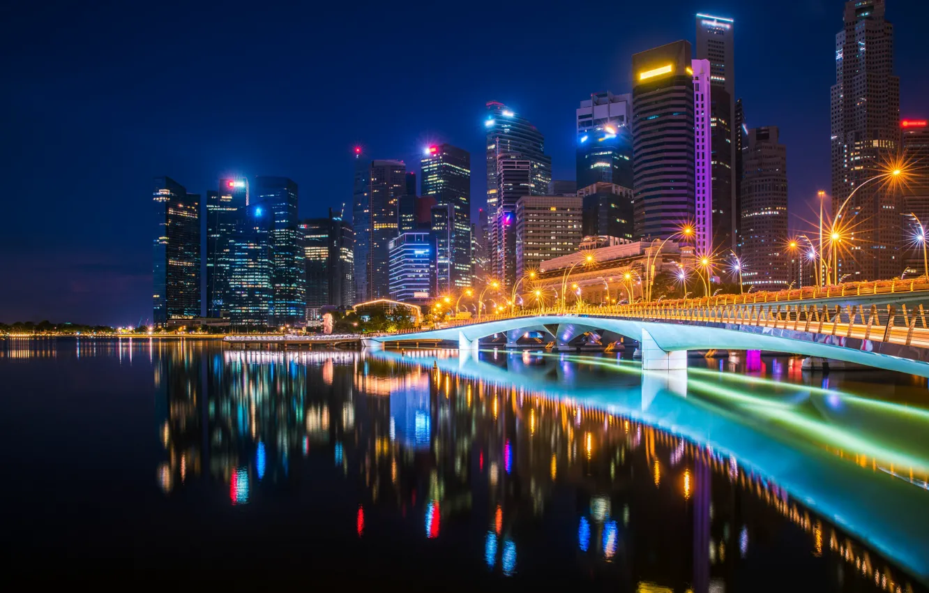 Photo wallpaper landscape, Bridge, The city, River, skyscraper, Night lights