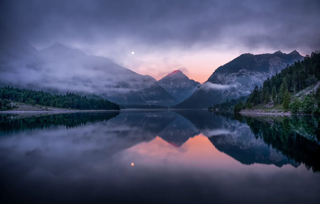 Photo wallpaper forest, landscape, mountains, pond