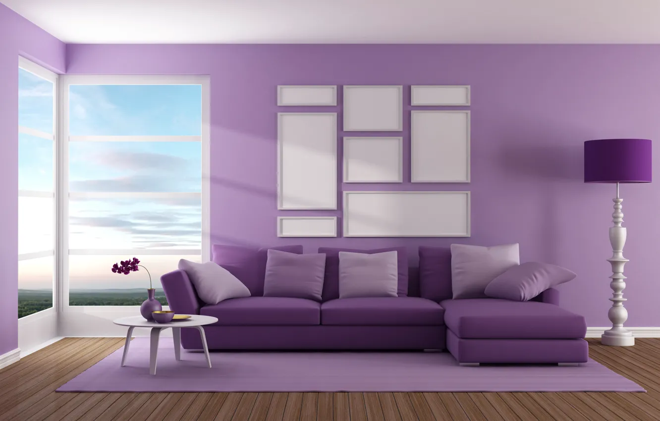Photo wallpaper design, sofa, interior, window, living room, purple