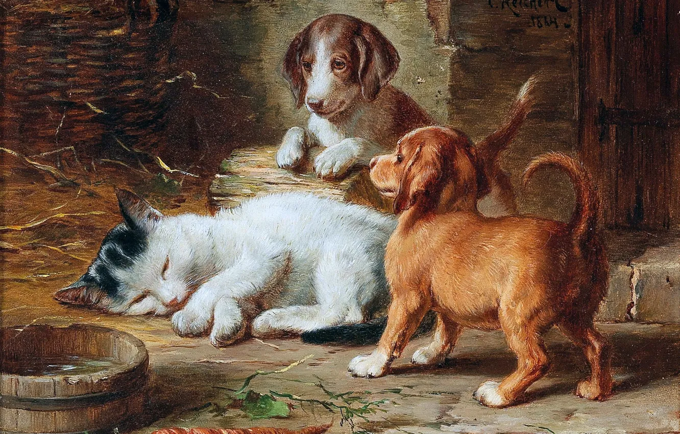 Photo wallpaper Puppies, Kitty, Picture, Dogs, Three, Carl Reichert, Carl Reichert, Austrian artist