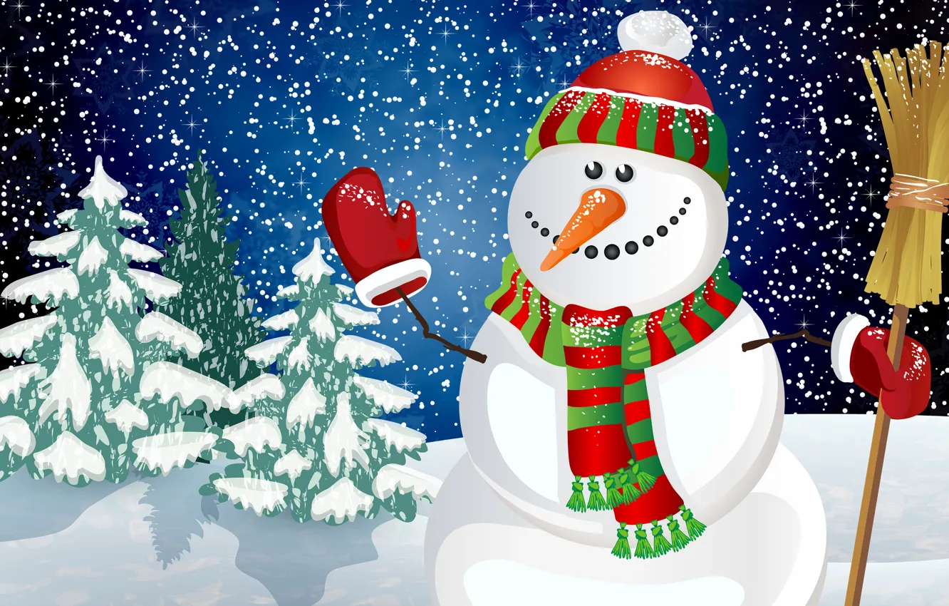 Photo wallpaper winter, snow, snowflakes, holiday, tree, new year, Christmas, snowman