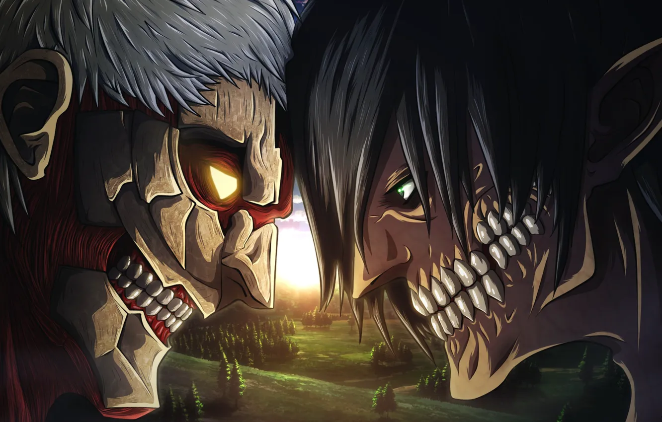 Photo wallpaper big, anime, fight, giant, manga, Attack on Titan, kyojin, japonese