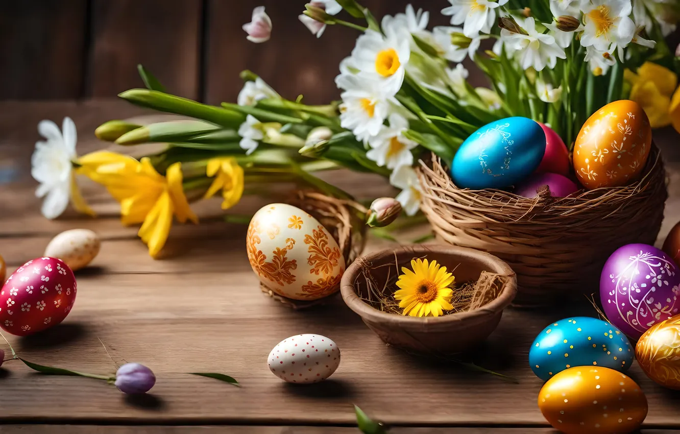 Photo wallpaper flowers, eggs, spring, colorful, Easter, flowers, spring, Easter