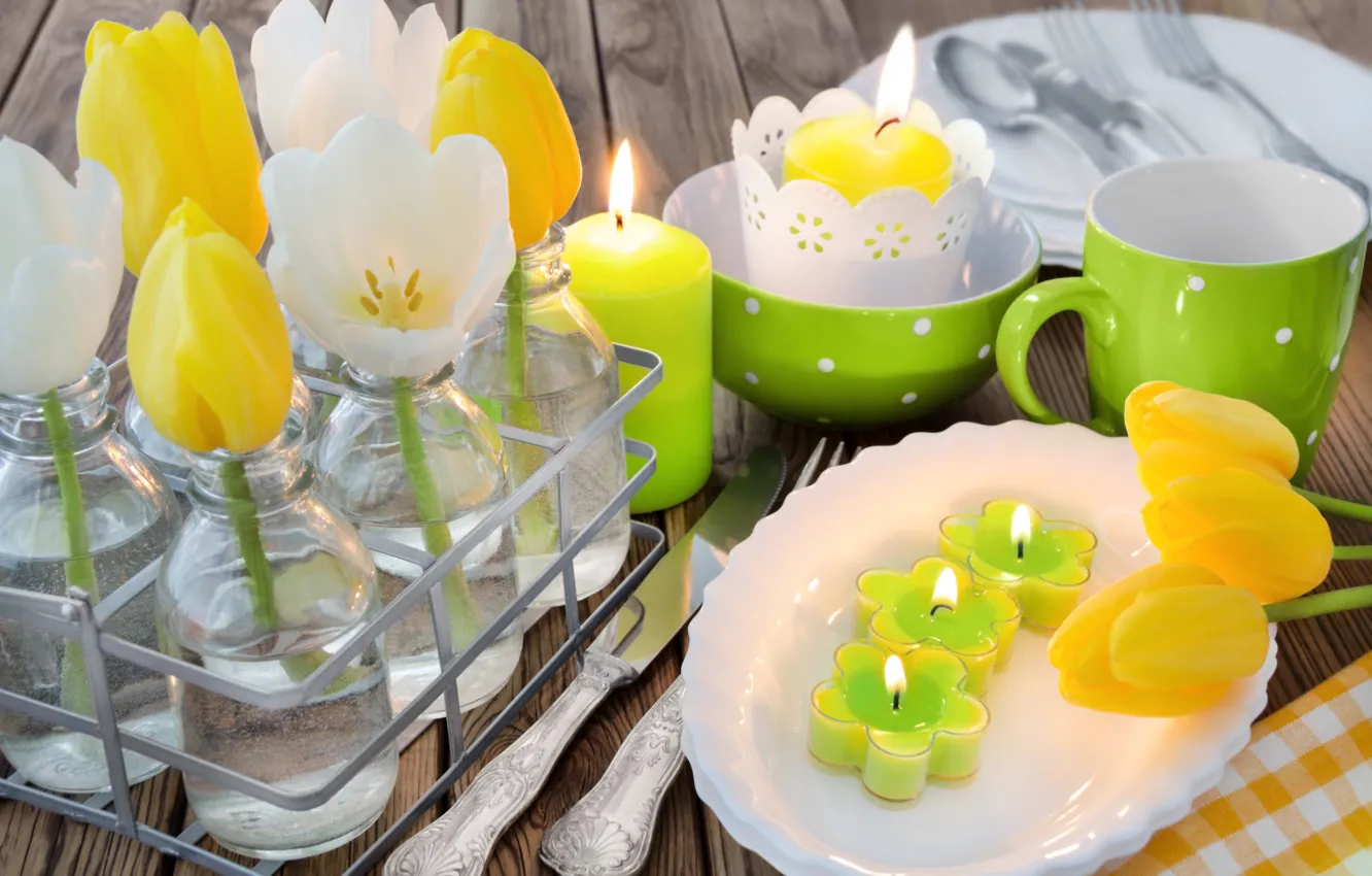 Photo wallpaper flowers, spring, candles, Easter, tulips, flowers, tulips, spring