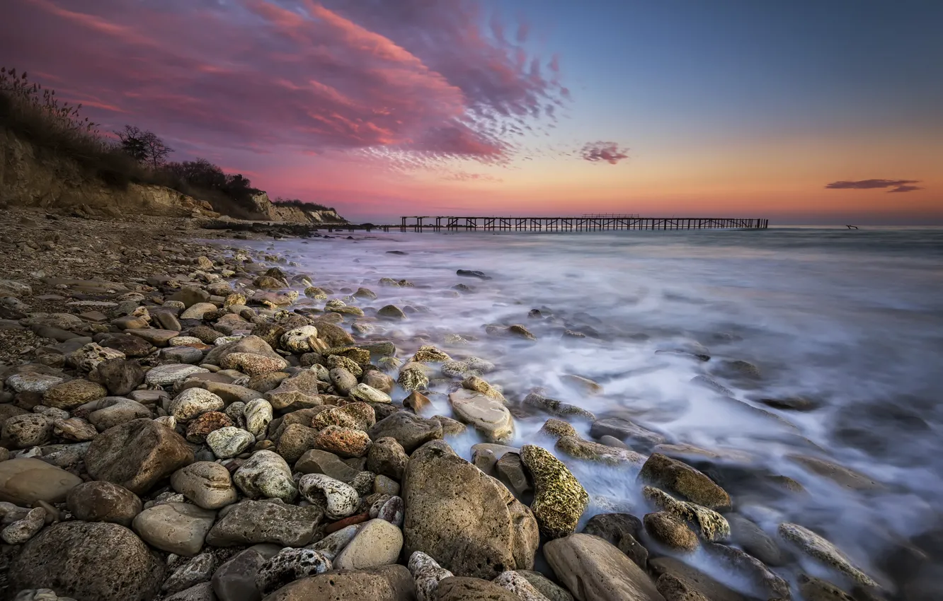 Photo wallpaper sea, beach, landscape, nature, sunrise, stones, rocks, shore