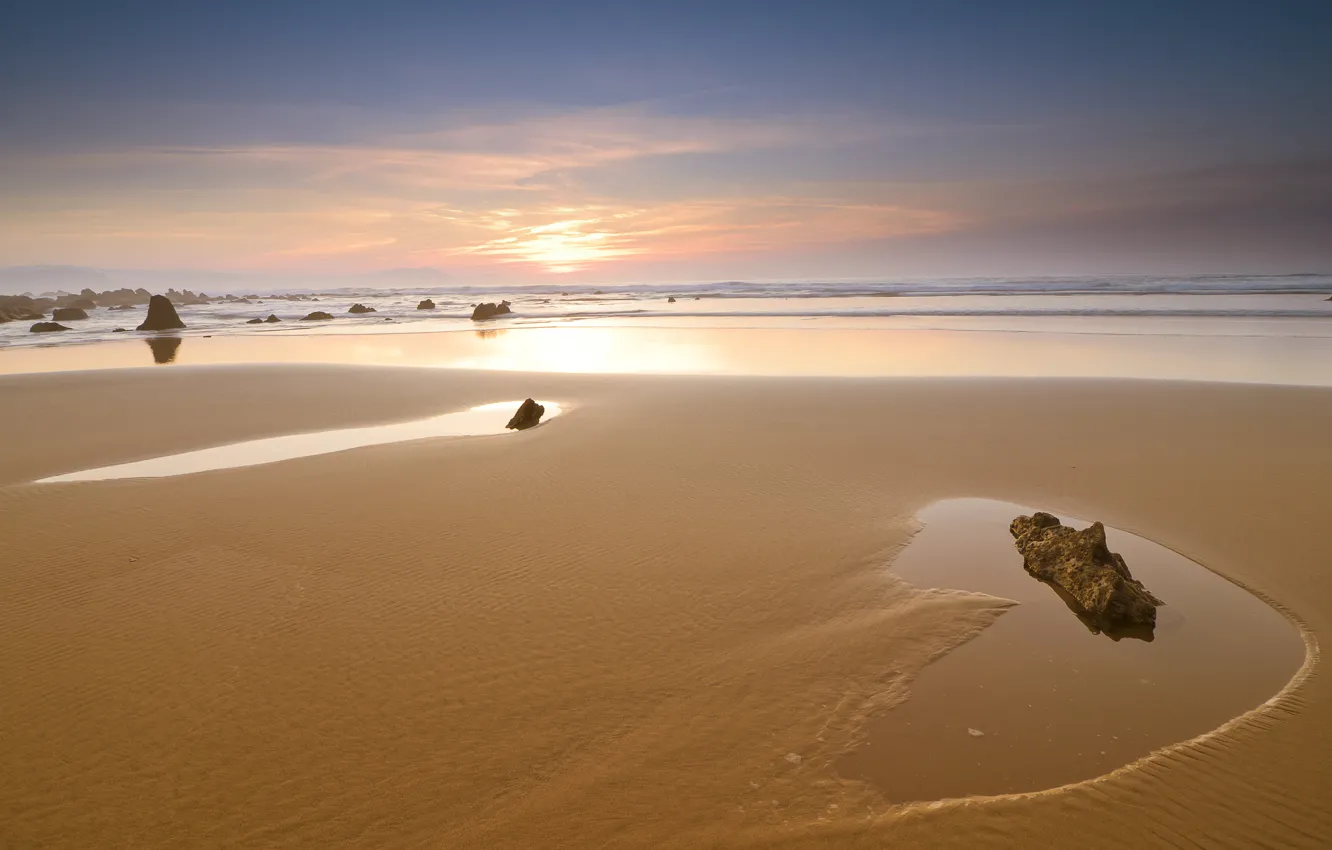 Photo wallpaper sand, sea, the sky, stones, shore, Sunset