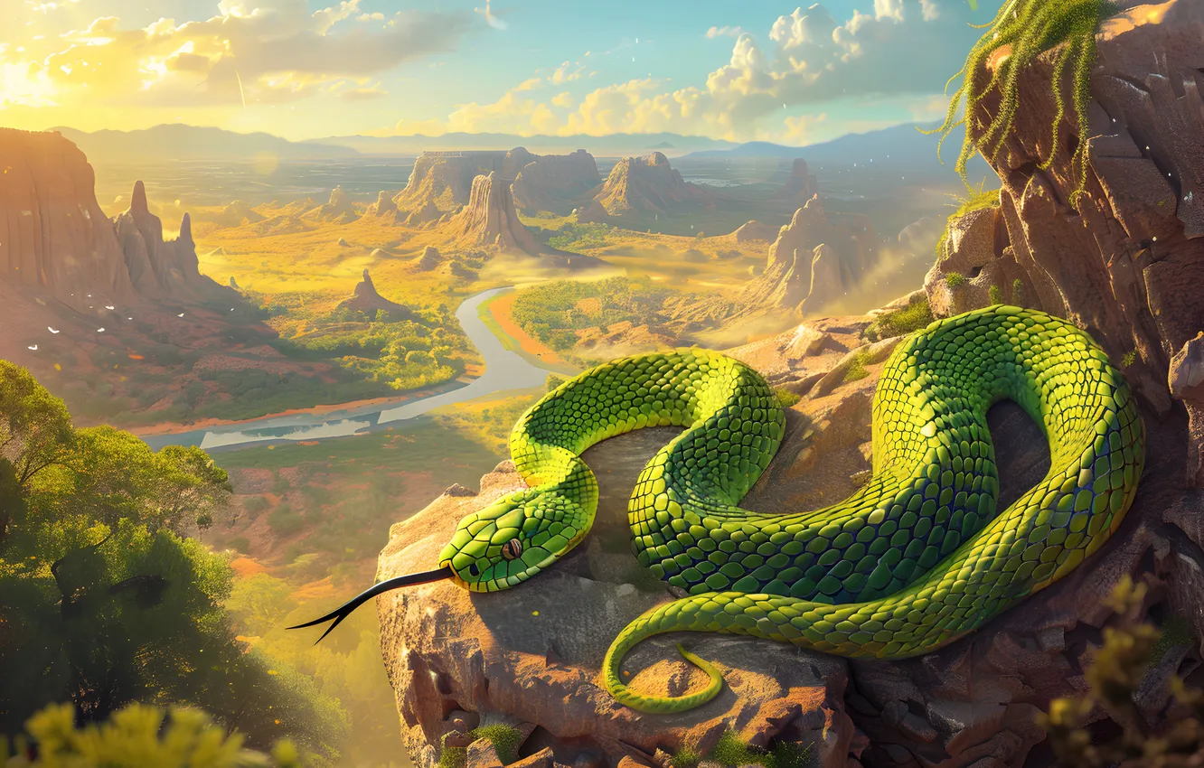 Photo wallpaper mountains, river, animal, snake, art, reptile, digital art, imitation painting