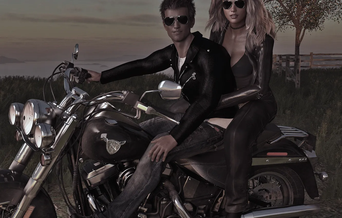 Photo wallpaper girl, biker, guy, 3D graphics, Harley.