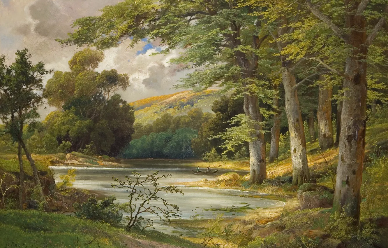 Photo wallpaper forest, landscape, lake, boat, painting, Alois Arnegger, Romantic Forest Landscape