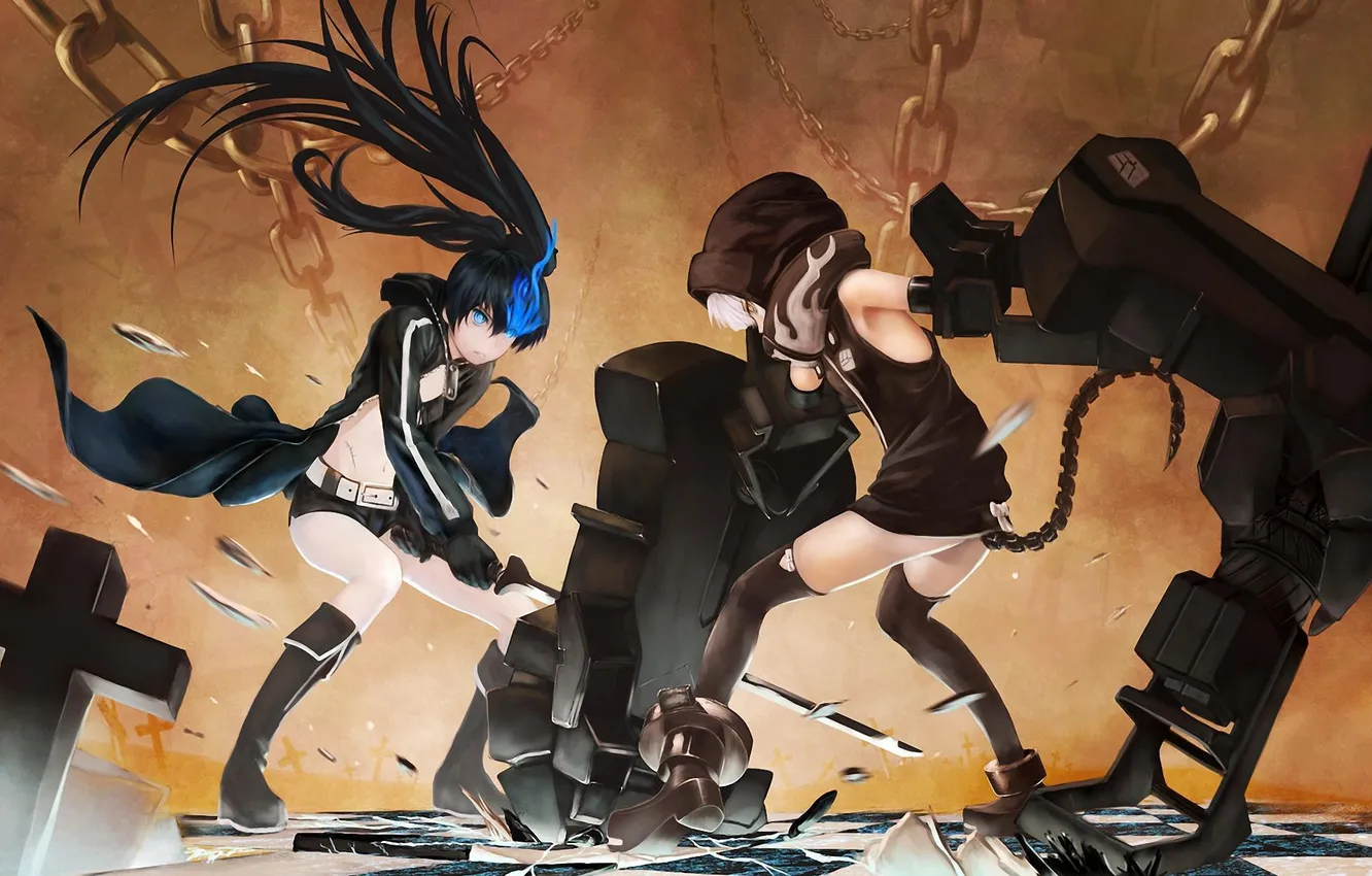 Photo wallpaper girl, weapons, katana, hands, chain, blow, battle, black rock shooter