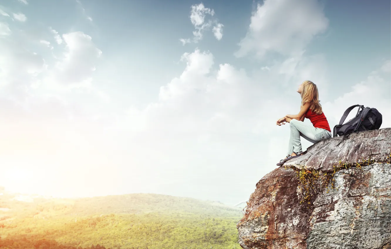 Photo wallpaper the sky, girl, mountains, stones, rocks, blonde, backpack
