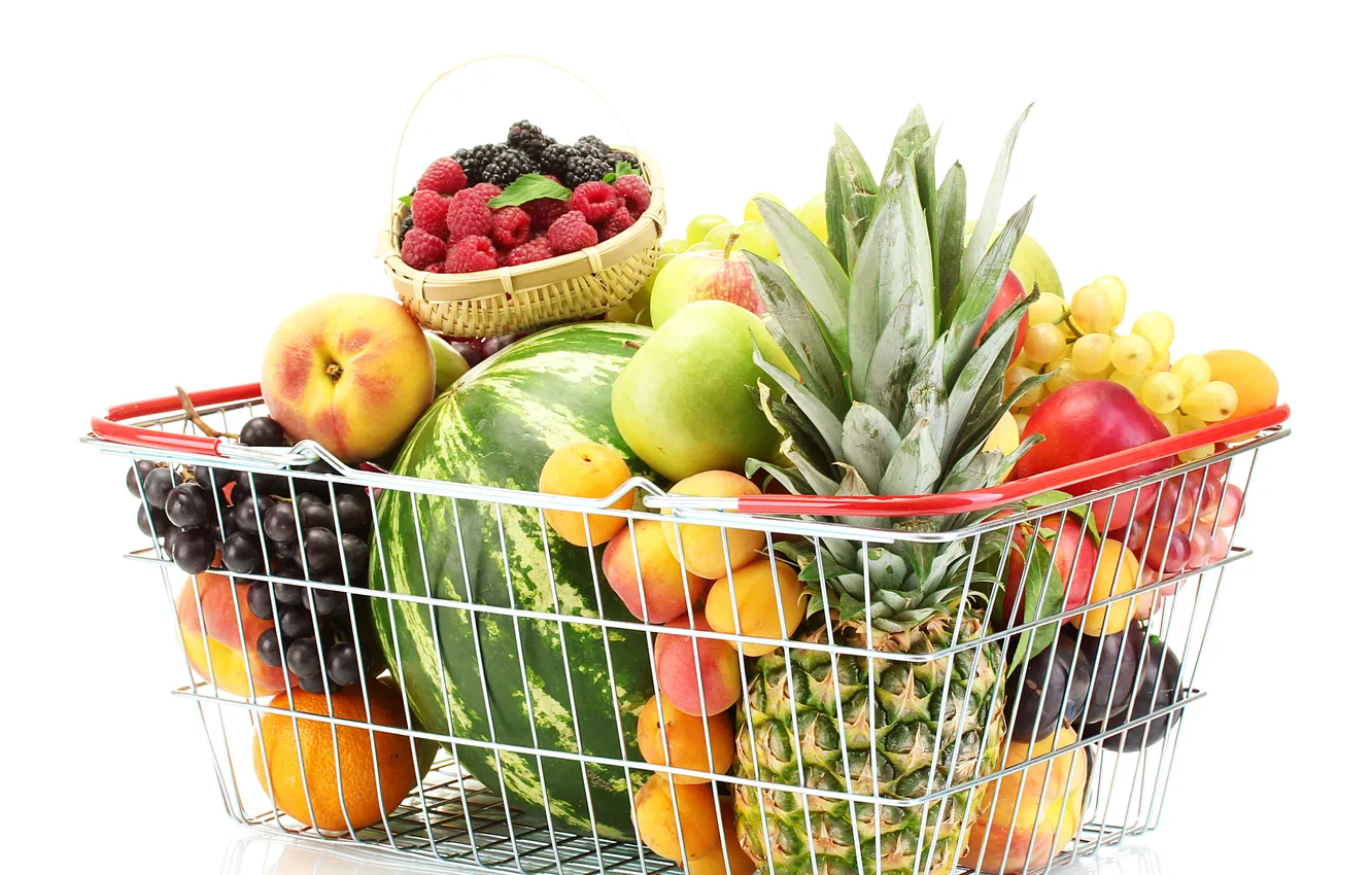 Photo wallpaper raspberry, basket, apples, watermelon, fruit, pineapple, peaches, plum