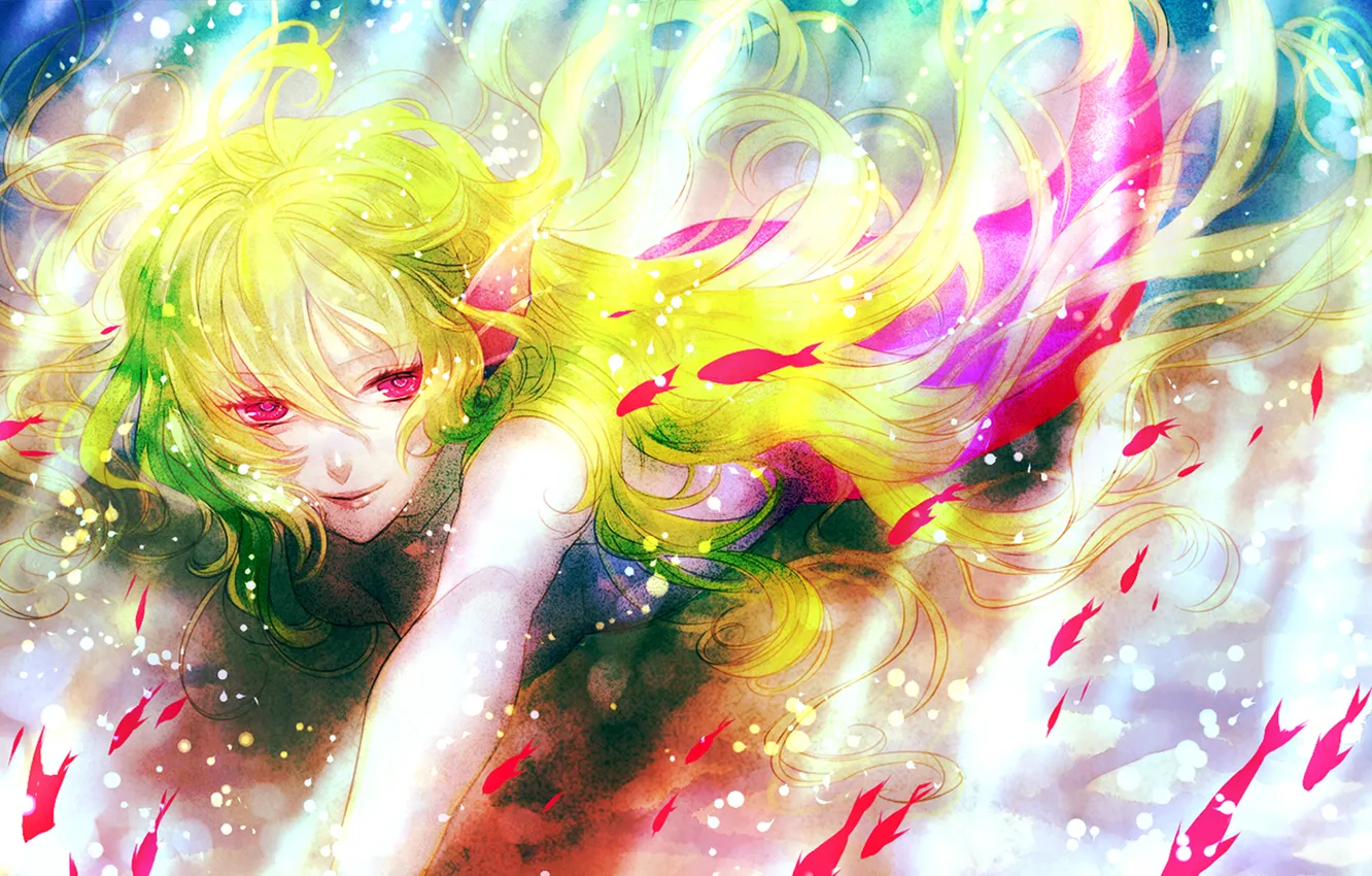 Photo wallpaper rays, fish, smile, mermaid, tail, green hair, pink eye