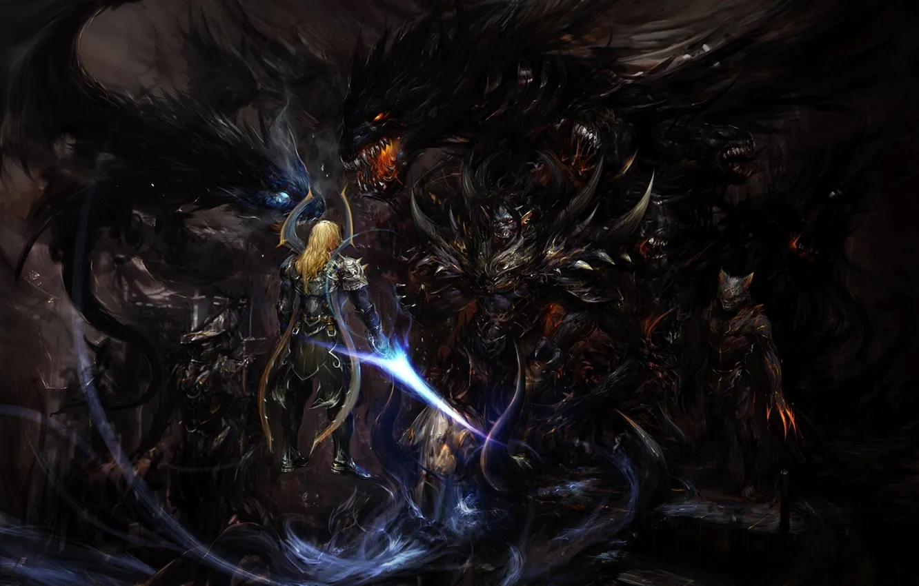 Photo wallpaper light, magic, dragon, sword, armor, the demon, warrior, fight