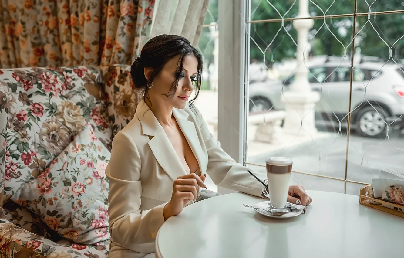 Photo wallpaper pretty, brunette, drink, elegant, A Diakov George