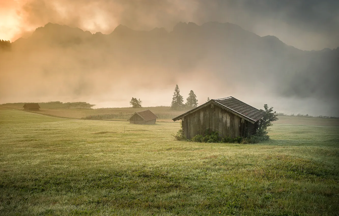 Photo wallpaper field, mountains, Alps, house