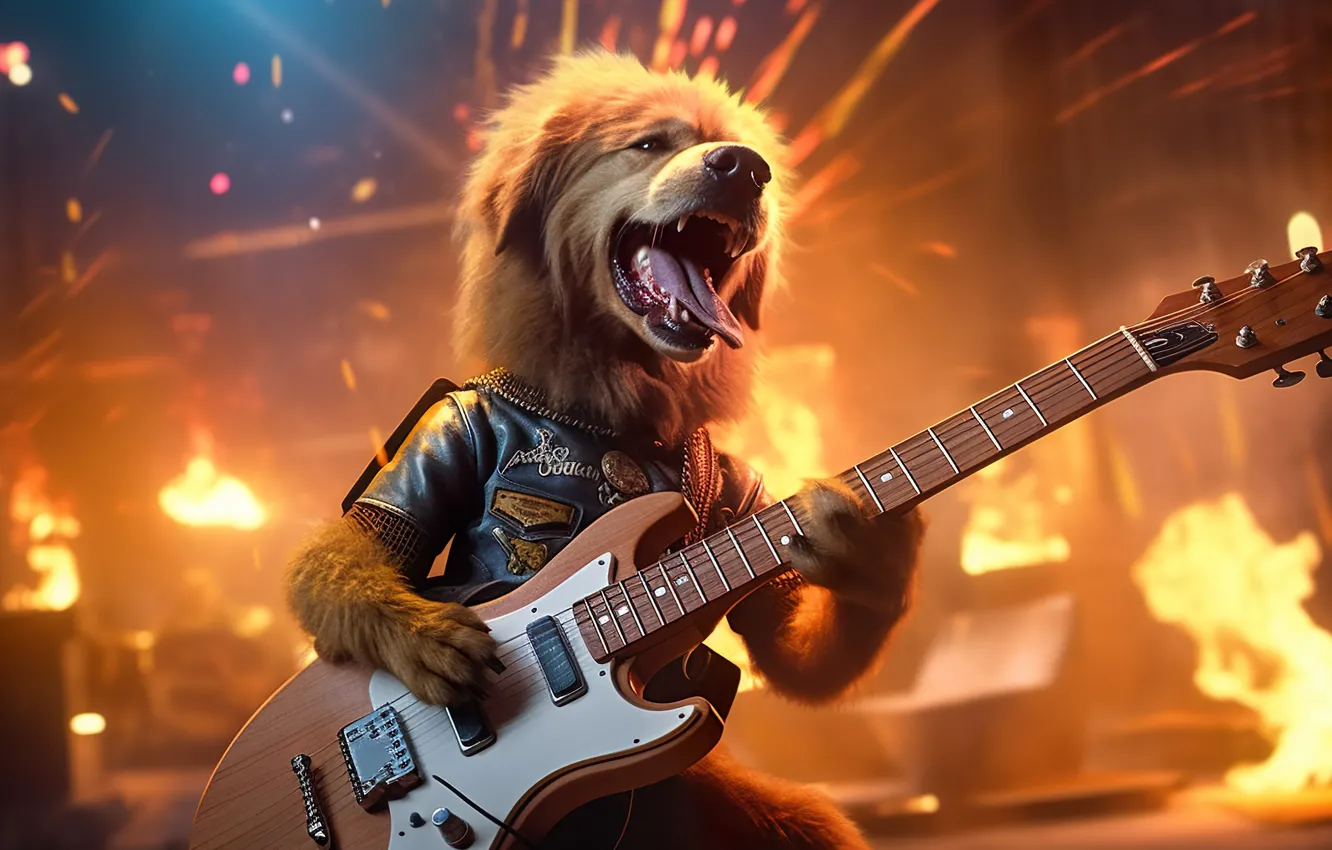Photo wallpaper guitar, dog, concert, guitarist, the contractor, rockers, speech, AI art