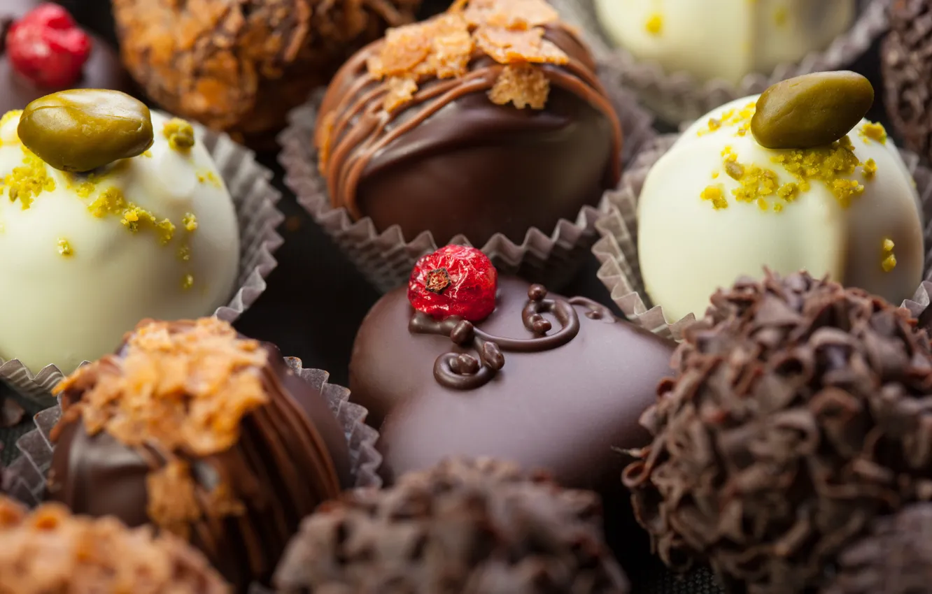 Photo wallpaper white, berries, dark, chocolate, candy, sweets, nuts, dessert