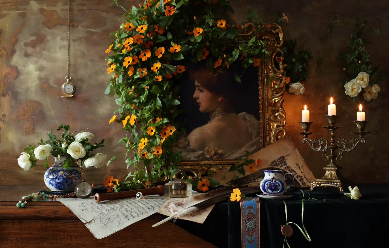 Photo wallpaper candles, feathers, Gzhel, Still life with a violin and a painting