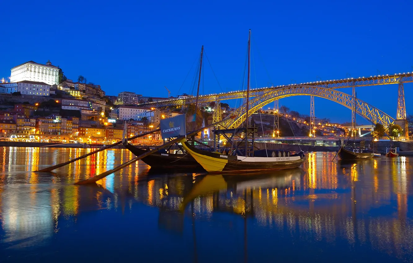 Photo wallpaper bridge, lights, river, home, boats, the evening, Portugal, court