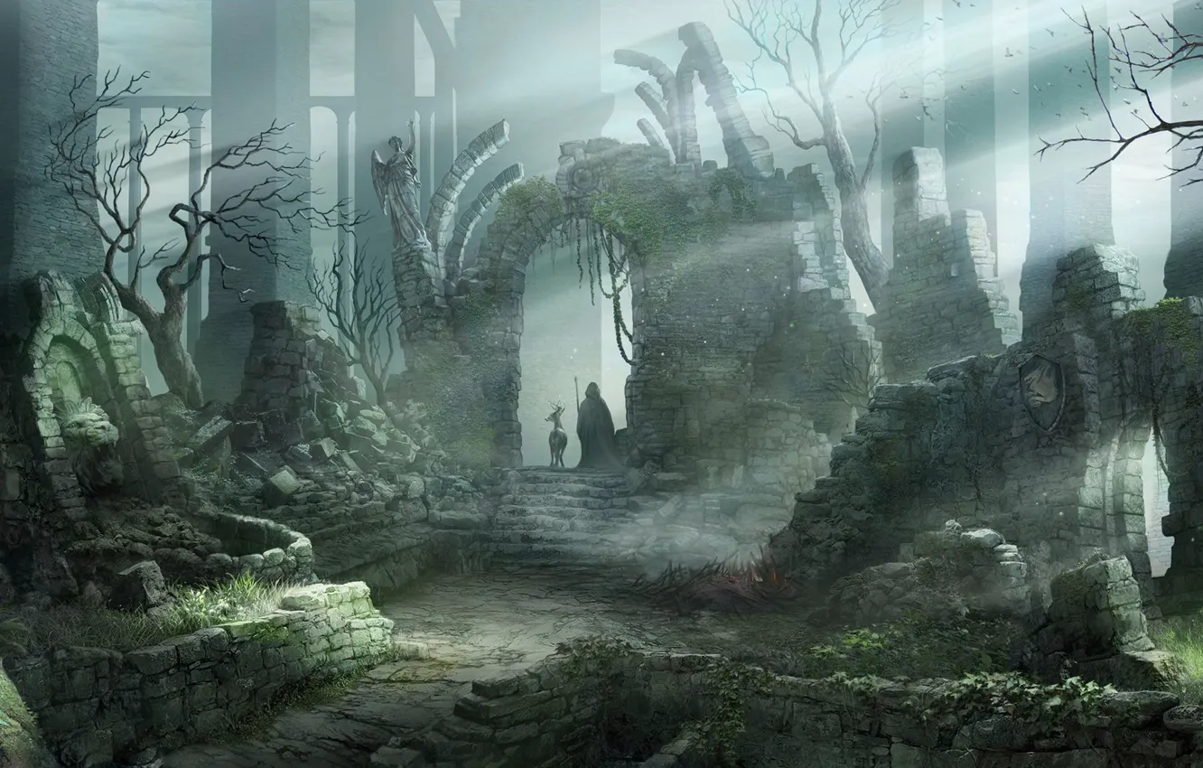 Photo wallpaper figure, deer, the ruins, temple