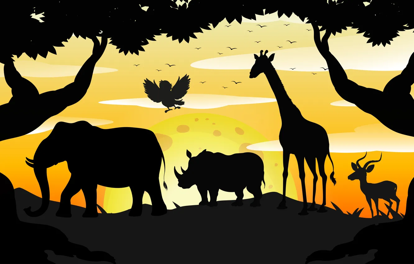 Photo wallpaper Bird, Trees, Dawn, Giraffe, Elephant, Animals, Silhouettes, Rhino