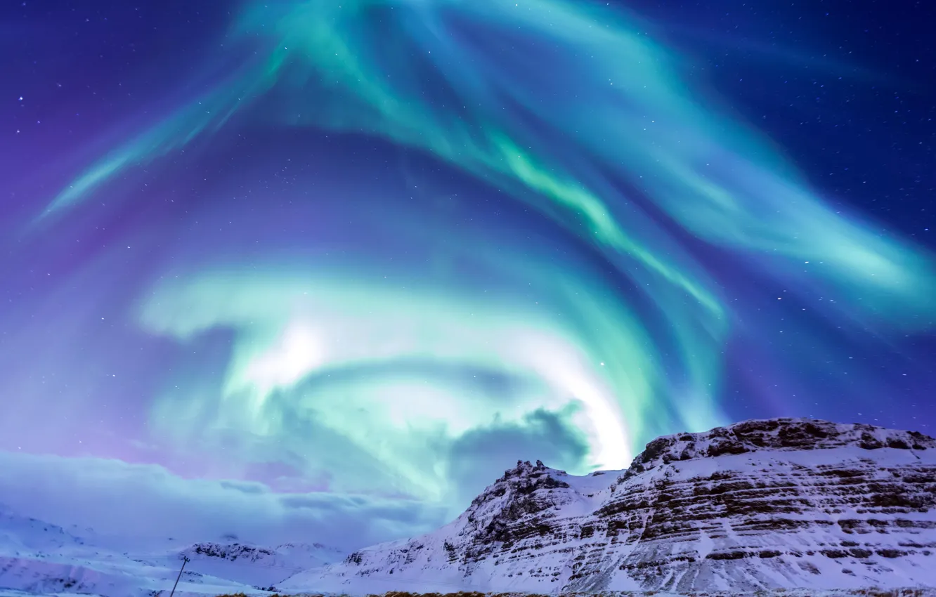Photo wallpaper Aurora, mountain, snow