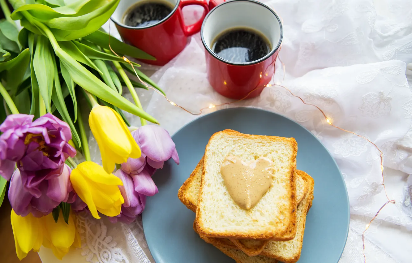 Photo wallpaper flowers, coffee, tulips, toast