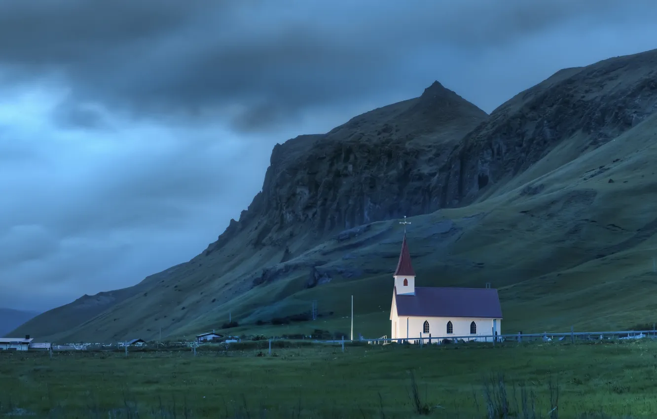 Photo wallpaper field, the sky, mountains, clouds, slope, Church