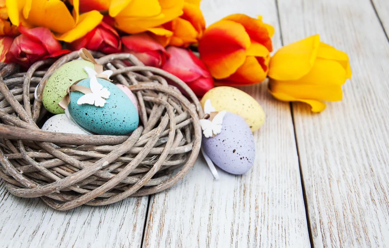 Photo wallpaper flowers, eggs, spring, colorful, Easter, tulips, wood, flowers