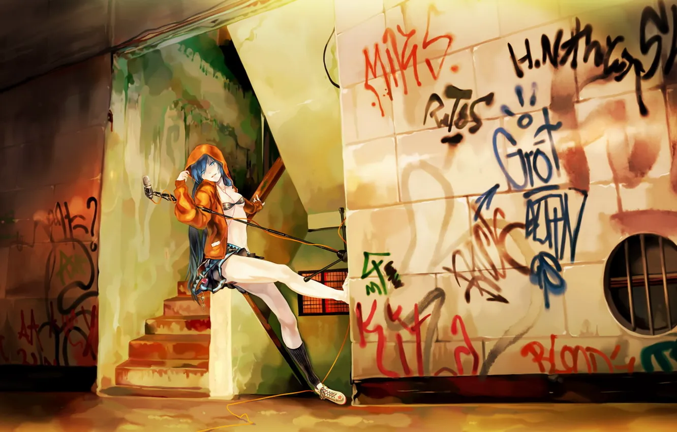 Photo wallpaper music, wall, graffiti, anime, microphone, Vocaloid, Miku