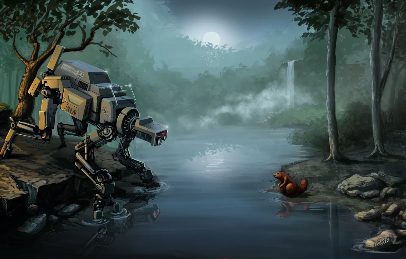 Photo wallpaper night, lake, river, fiction, meeting, robot, art, beaver