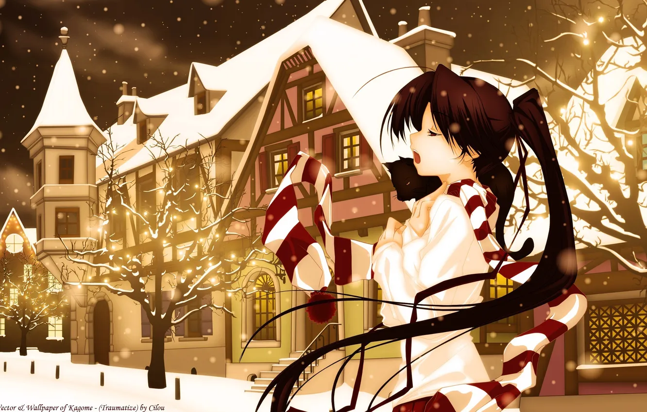 Photo wallpaper winter, cat, girl, snow, trees, night, holiday, home