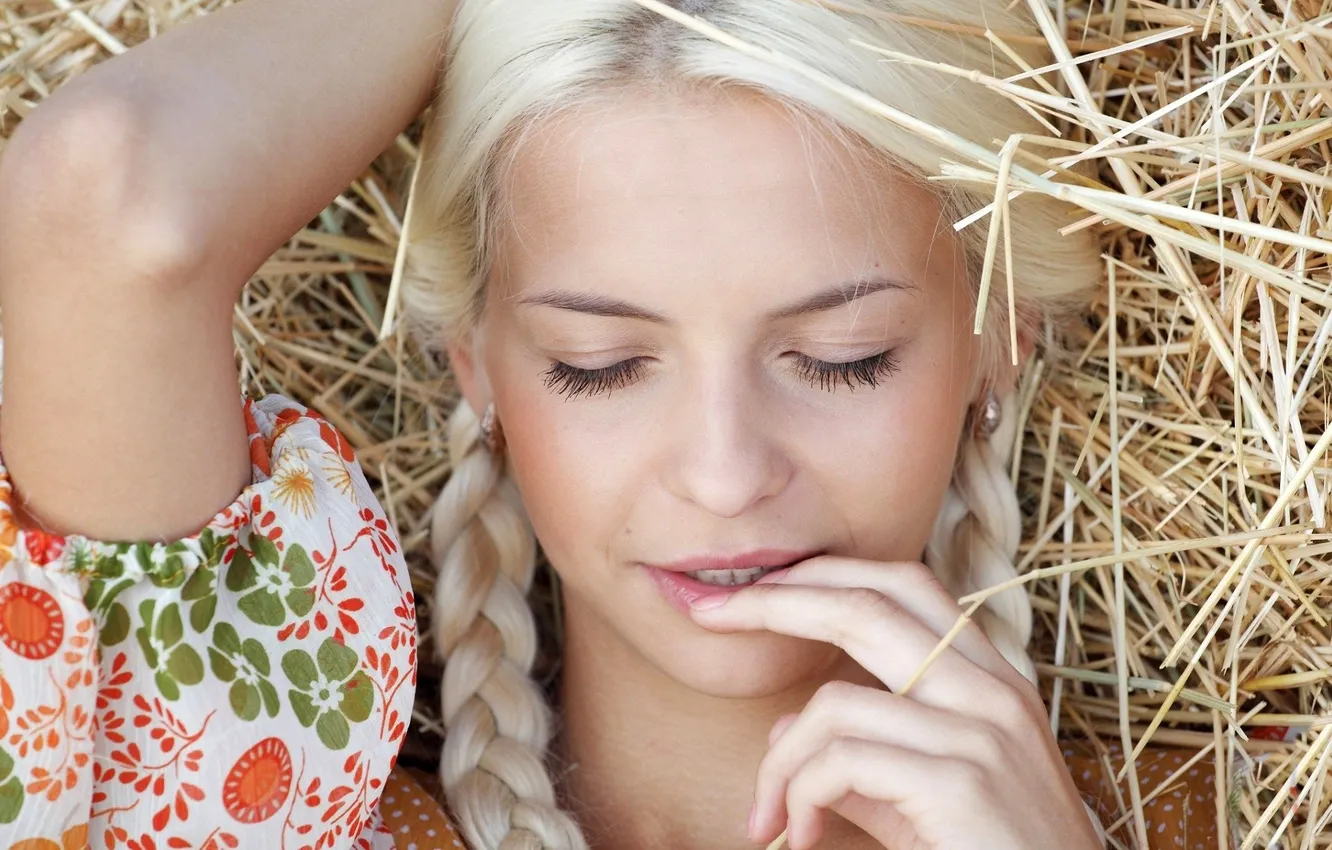 Photo wallpaper face, blonde, hay, braid, the barn, sundress