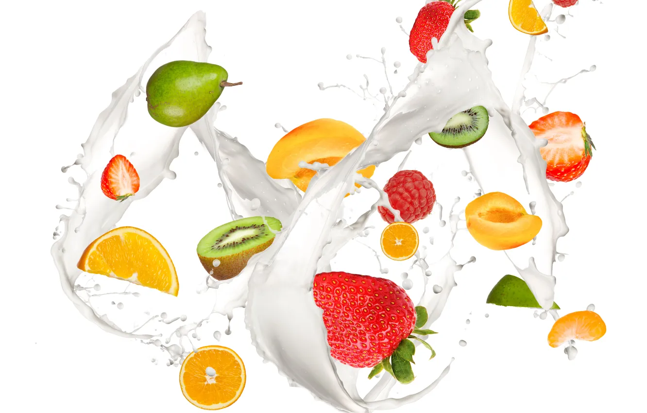 Photo wallpaper drops, squirt, freshness, raspberry, lemon, splash, kiwi, milk